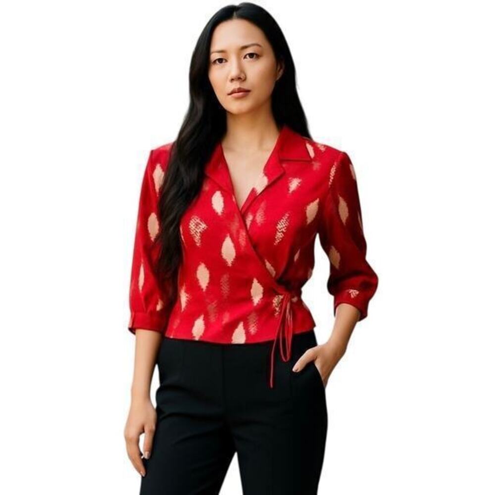 ICE red gold silk sequin glam true wrap blouse elegant luxury VINTAGE sz XL